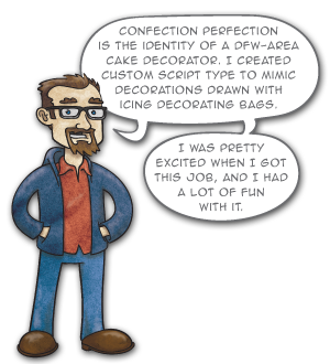 Confection Perfection is the identity of a DFW-area cake decorator. I created custom script type to mimic decorations drawn with icing decorating bags.