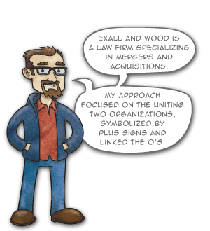 Exall and Wood is a law firm specializing in mergers and acquisitions. My approach focused on the uniting two organizations, symbolized by plus signs and linked the O’s.